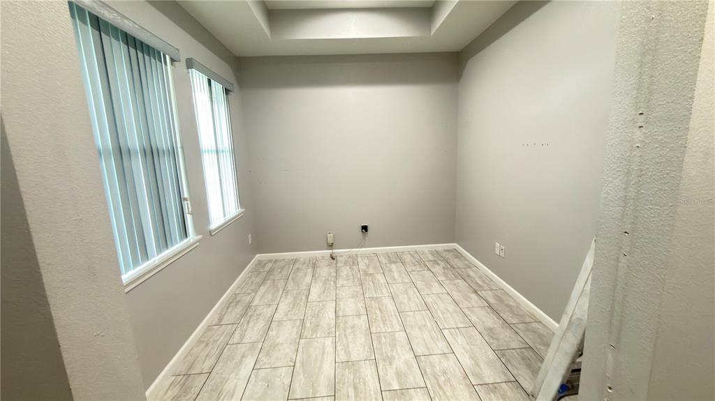 An empty room features light gray walls, a tray ceiling, and wood-look tile flooring — 2704 W SAINT CONRAD STREET, TAMPA, FL