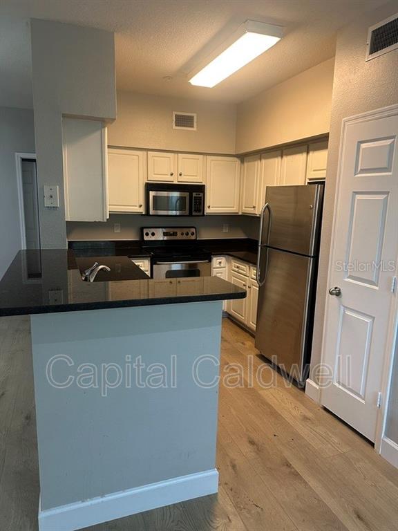 A kitchen features white cabinets, black countertops, stainless steel appliances, and light wood flooring — 2010 E PALM AVE UNIT 15306, TAMPA, FL