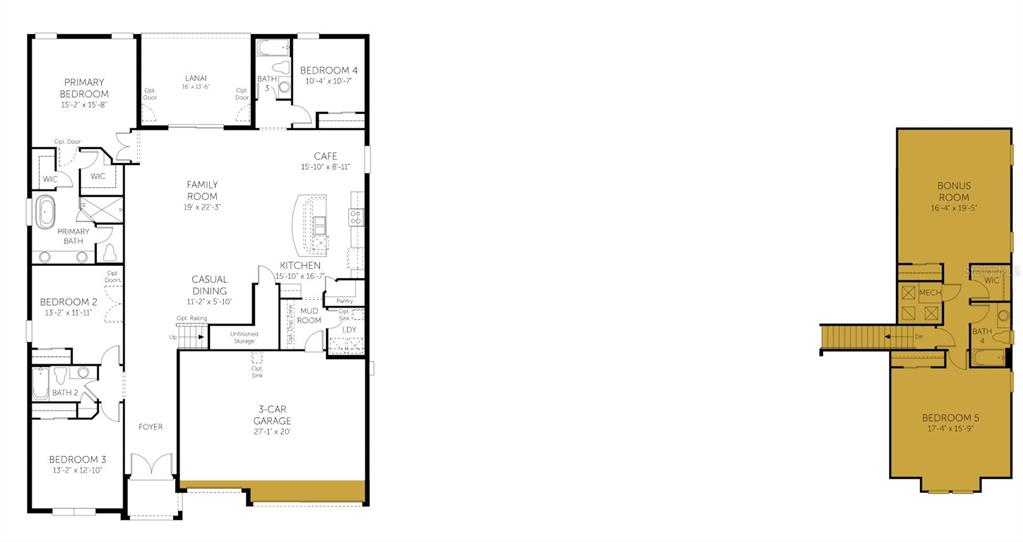 This floor plan shows a single-story home layout with an additional upper-level bonus room — 4452 S FIREFLY LANE, ST CLOUD, FL