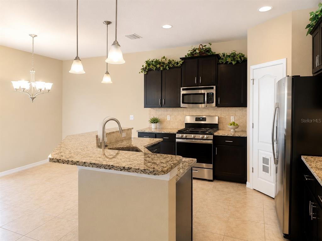 A kitchen features dark wood cabinets, granite countertops, stainless steel appliances, and a breakfast bar — 7436 SURREY PINES DRIVE, APOLLO BEACH, FL