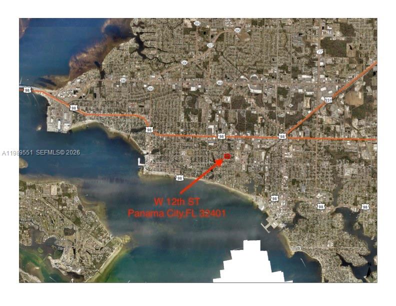 This is an aerial map showing the location of a property in Panama City, Florida — W 12th St, Panama City FL 320401, PANAMA CITY, FL