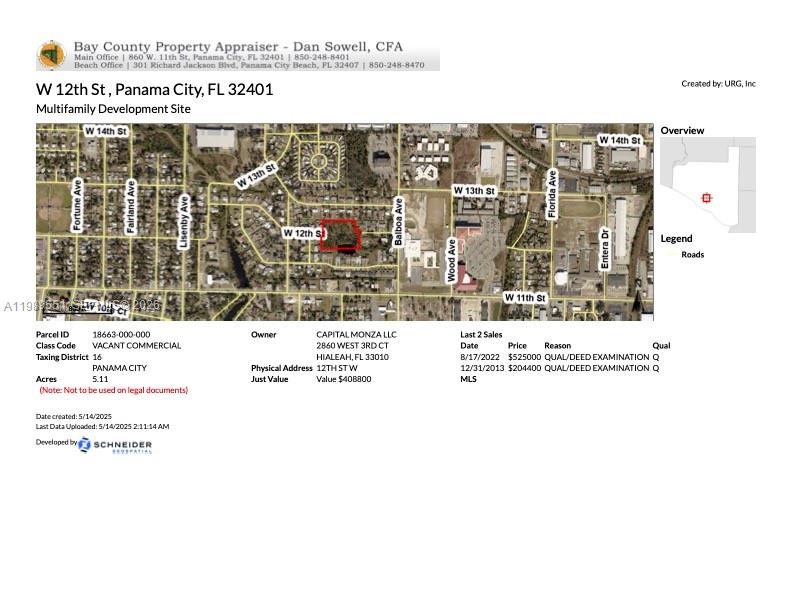 This is a property appraiser map showing a vacant commercial lot in Panama City — W 12th St, Panama City FL 320401, PANAMA CITY, FL