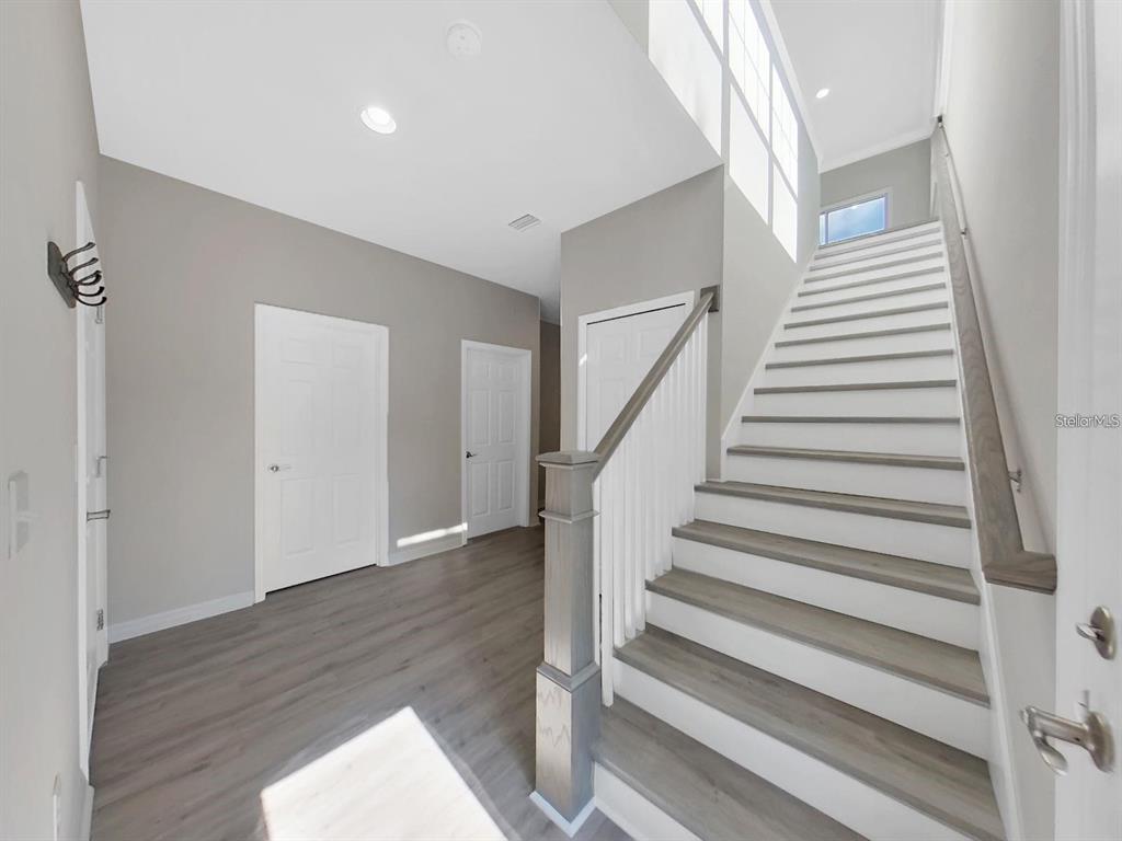 A bright entryway features gray wood-look flooring, white doors, and a staircase with wooden treads — 8303 KING BLOSSOM COURT, TAMPA, FL