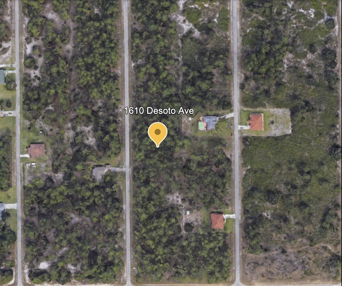 This aerial map view shows a wooded residential lot situated between two paved roads — 1610 Desoto Avenue, FL 33972, FL