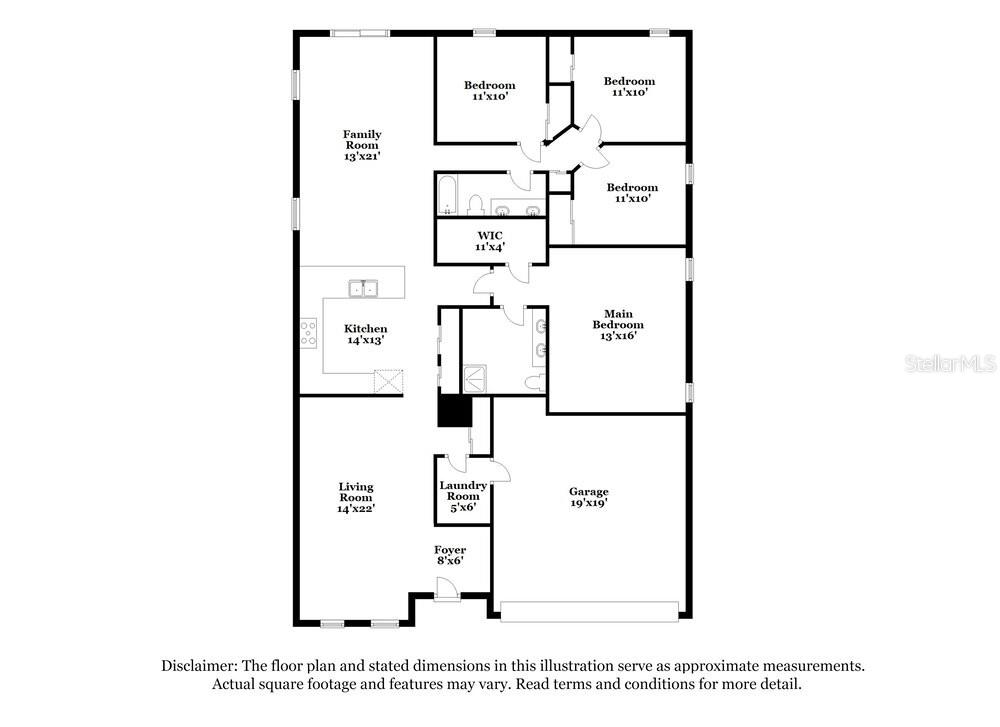 This is a floor plan showing a single-story house with a garage and four bedrooms — 3627 RYEGRASS STREET, CLERMONT, FL