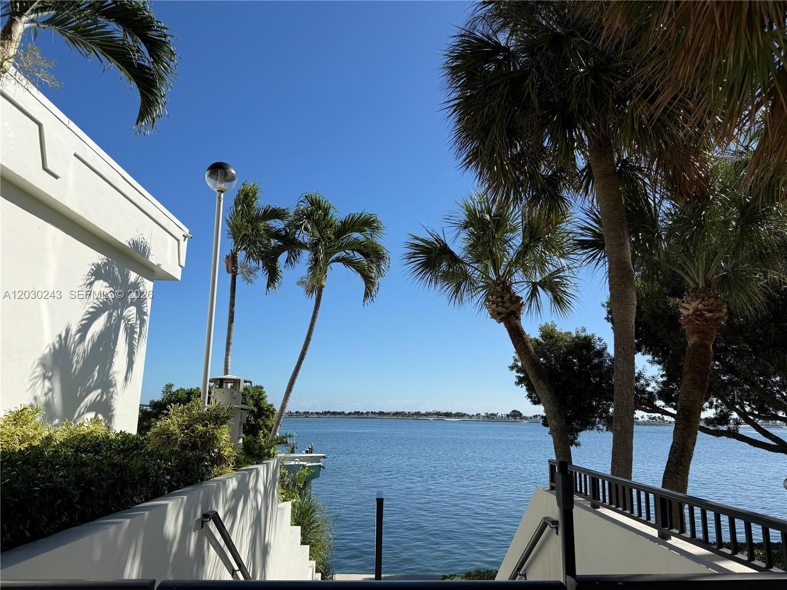 A view of a waterfront area with palm trees, stairs, and a boat dock — 1925 Brickell Ave # 1403, Miami FL 33129, MIAMI, FL