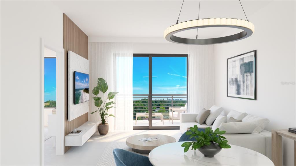 This rendering shows a modern living room with a balcony, white sofa, and circular chandelier — 4950 REMINGTON DRIVE UNIT 105, SARASOTA, FL