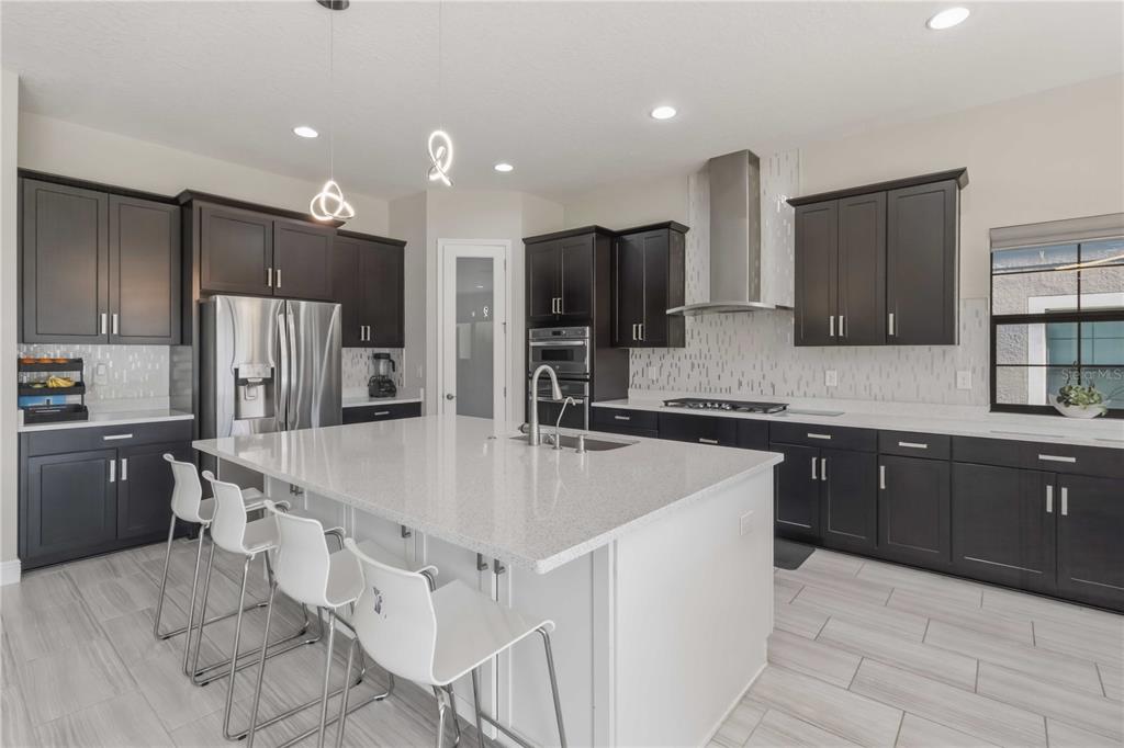 A modern kitchen features dark cabinets, a large white quartz island, and stainless steel appliances — 805 VISCOUNT STREET, BRANDON, FL