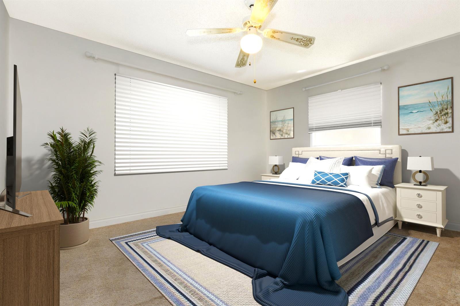 This is a digital rendering of a bedroom featuring a blue bed and area rug — 2108 SW 15th Street, Boynton Beach FL 33426, BOYNTON BEACH, FL