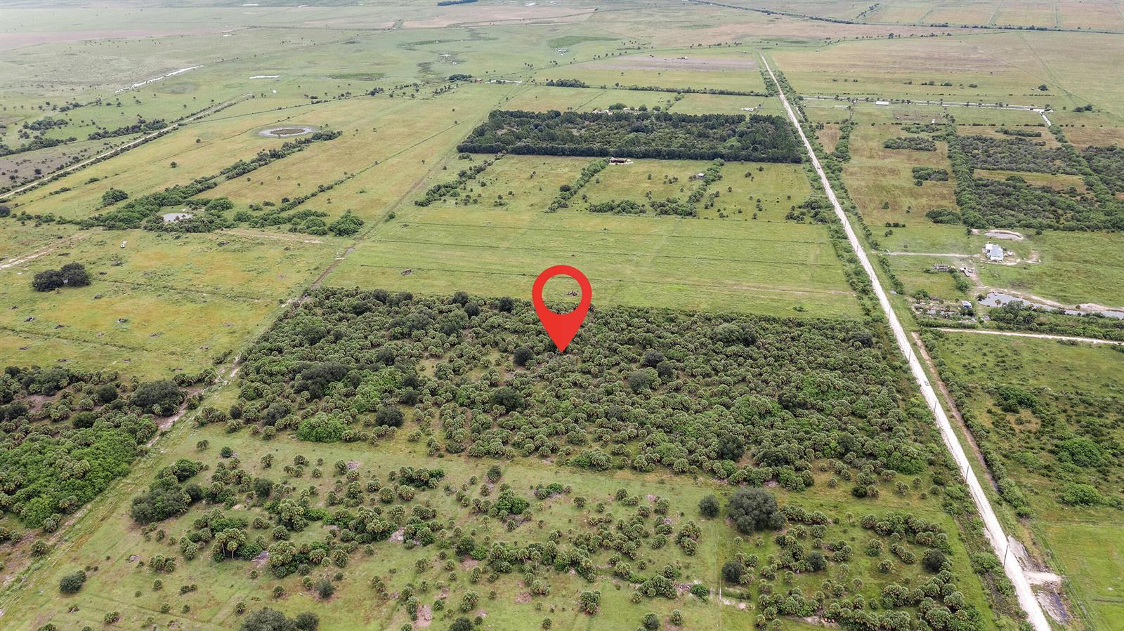 An aerial view shows a red map pin marking a wooded lot in a rural area — 2095 Cabbage Drive, Okeechobee FL 34974, OKEECHOBEE, FL