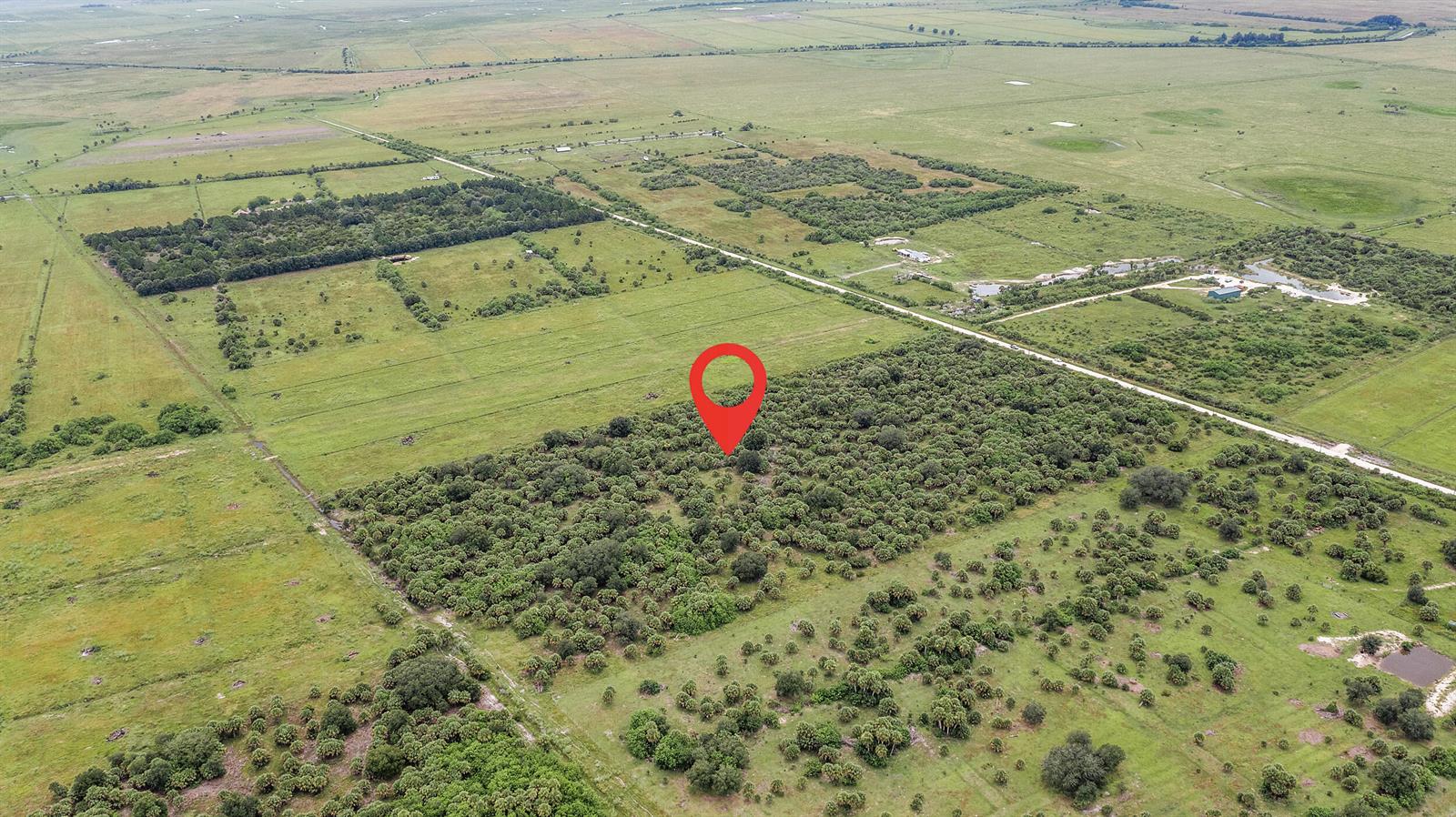 An aerial view shows a red map pin marking a wooded area in a rural landscape — 2095 Cabbage Drive, Okeechobee FL 34974, OKEECHOBEE, FL