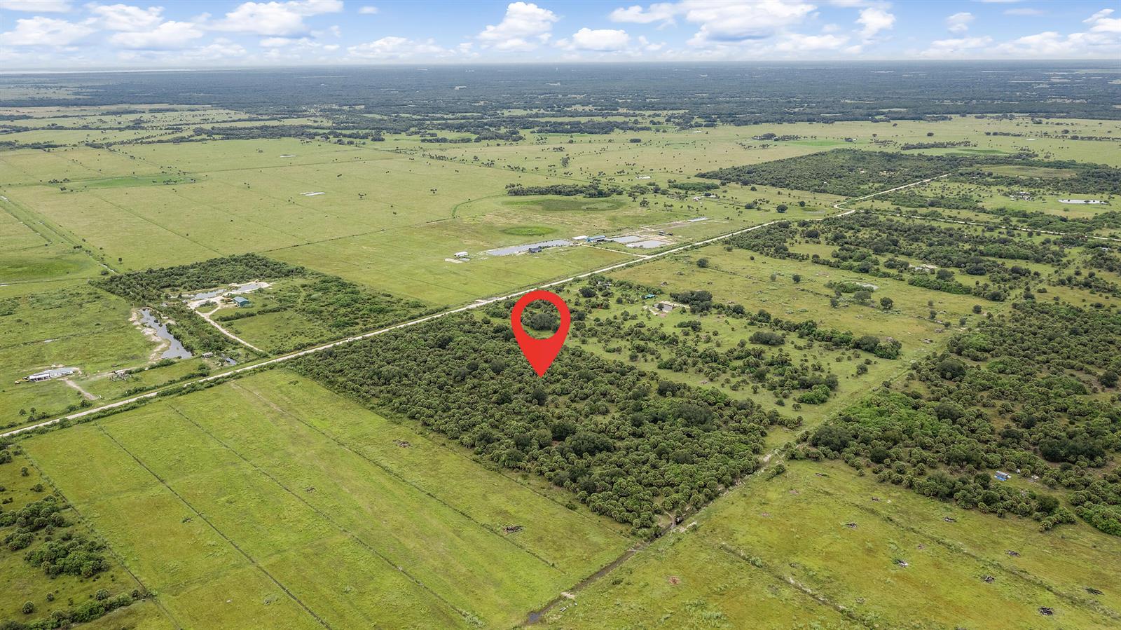 An aerial view shows a red location pin over a wooded area in a rural landscape — 2095 Cabbage Drive, Okeechobee FL 34974, OKEECHOBEE, FL