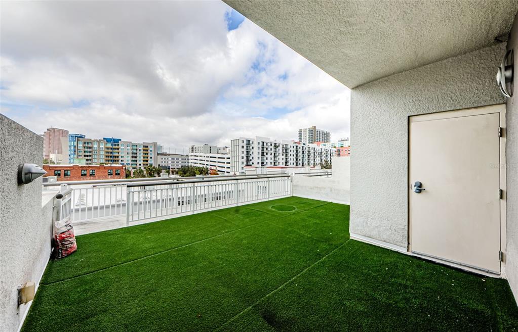 A rooftop balcony features artificial turf flooring, a metal railing, and a closed door — 1002 CHANNELSIDE DRIVE UNIT 3C, TAMPA, FL