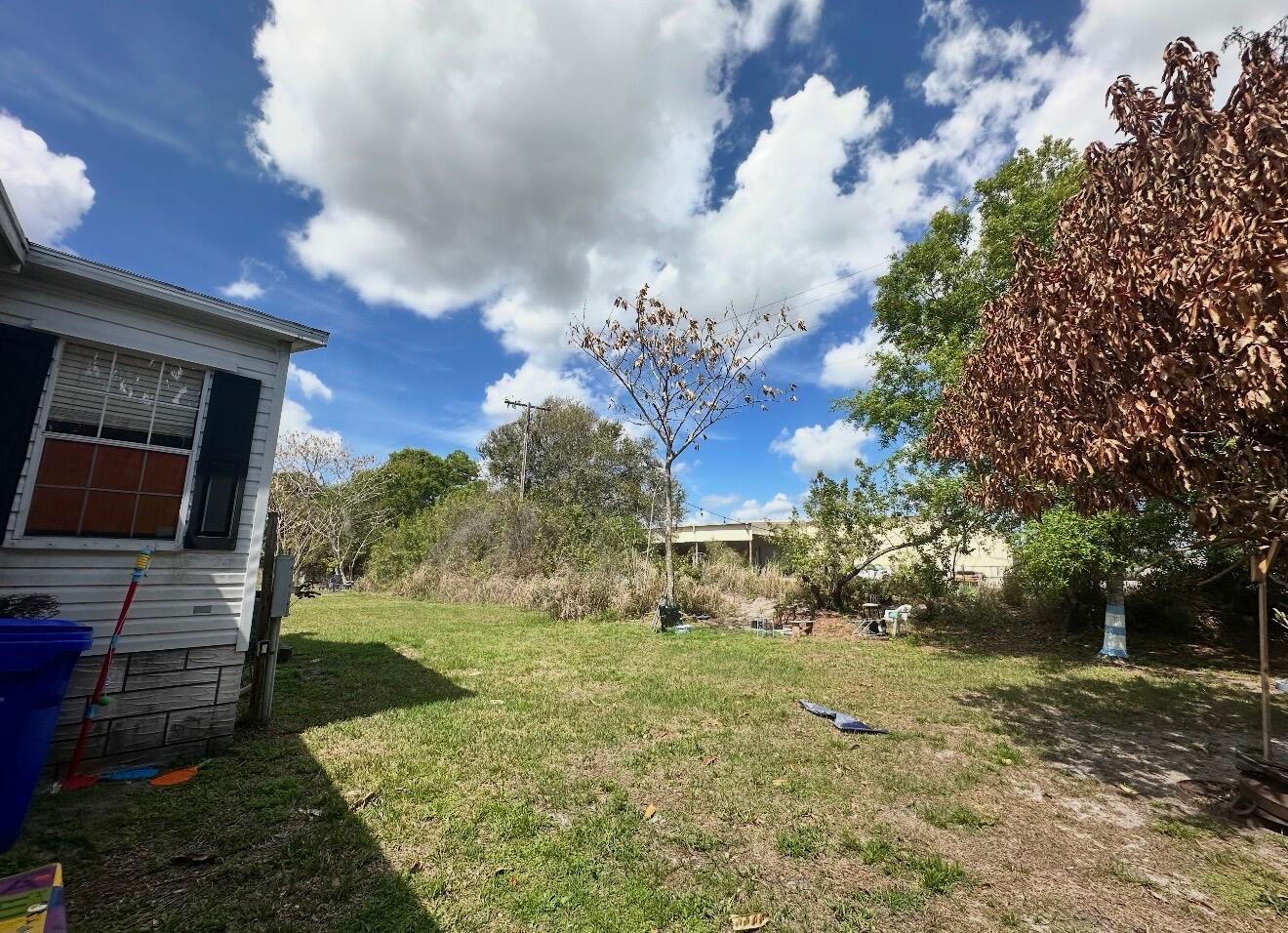 A grassy backyard with a house exterior, a large tree, and overgrown vegetation in the distance — 1455 90th Avenue # 235, Vero Beach FL 32966, VERO BEACH, FL
