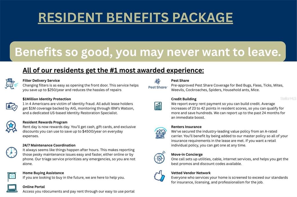 This is an informational flyer detailing the various benefits included in a resident package — 13639 CEPHEUS DRIVE, ORLANDO, FL