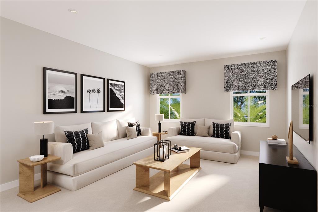This is a digital rendering of a living room featuring two sofas and a coffee table — 2210 BLUE HERON CIRCLE, AUBURNDALE, FL