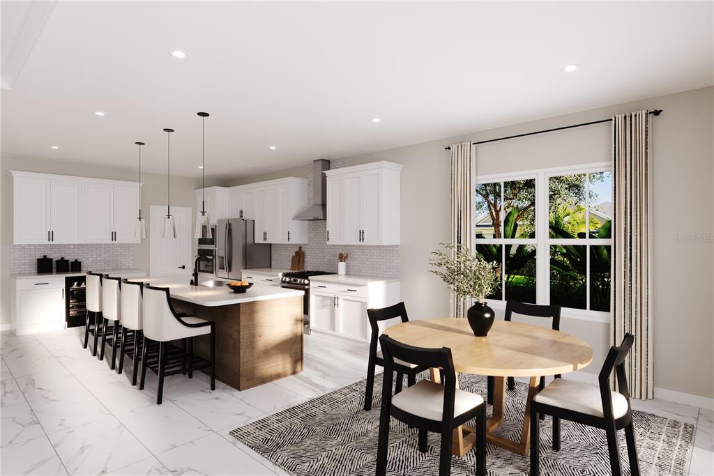 This is a rendering of a modern kitchen and dining area with white cabinetry — 2210 BLUE HERON CIRCLE, AUBURNDALE, FL
