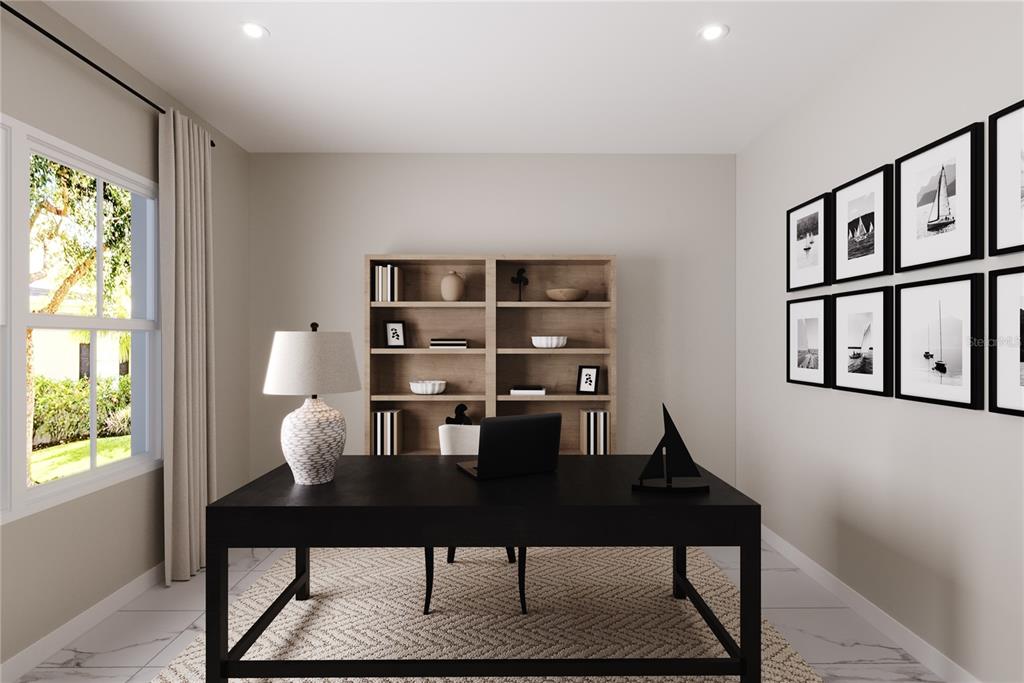 This is a rendering of a home office featuring a black desk, shelving, and artwork — 2210 BLUE HERON CIRCLE, AUBURNDALE, FL