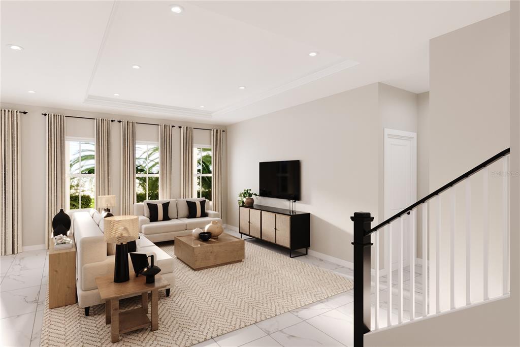 This is a digital rendering of a modern living room with white tile floors — 2210 BLUE HERON CIRCLE, AUBURNDALE, FL