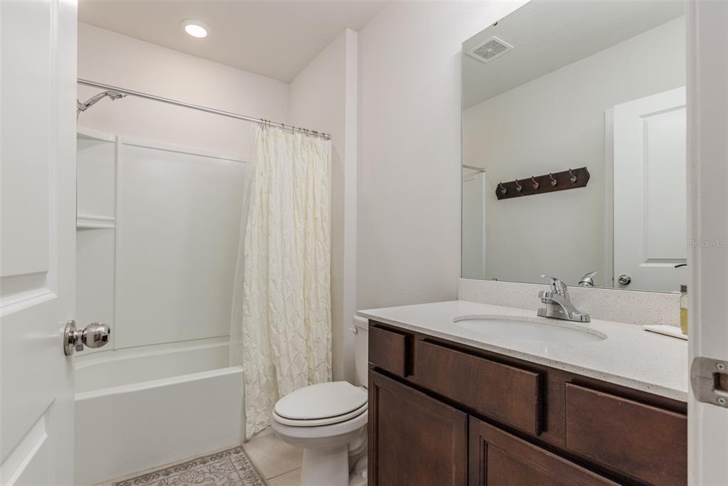 A bathroom features a white tub-shower combo, a toilet, and a dark wood vanity — 29908 MARQUETTE AVENUE, WESLEY CHAPEL, FL