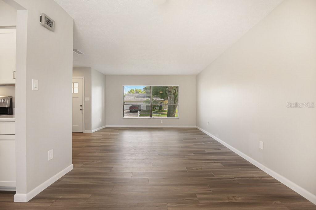 An empty living room features light gray walls, wood-look flooring, and a large window — 423 VAN REED MANOR DRIVE, BRANDON, FL