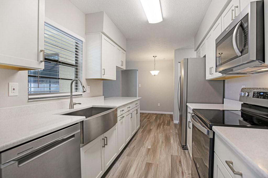 A kitchen with white cabinets, stainless steel appliances, a farmhouse sink, and wood-look flooring — 423 VAN REED MANOR DRIVE, BRANDON, FL