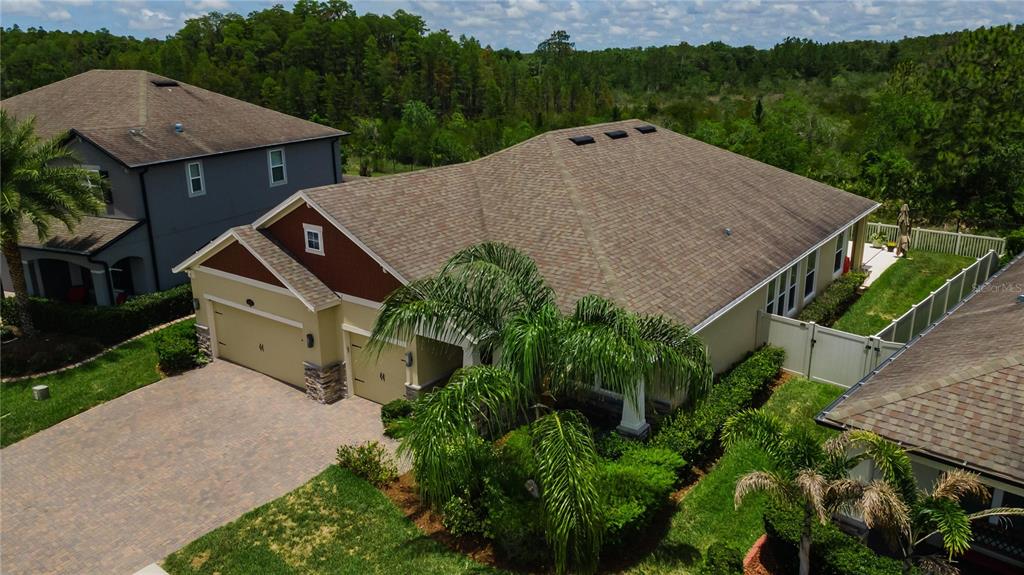 A single-story house with a three-car garage, stone accents, and a paved driveway — 18233 ROSEATE DRIVE, LUTZ, FL
