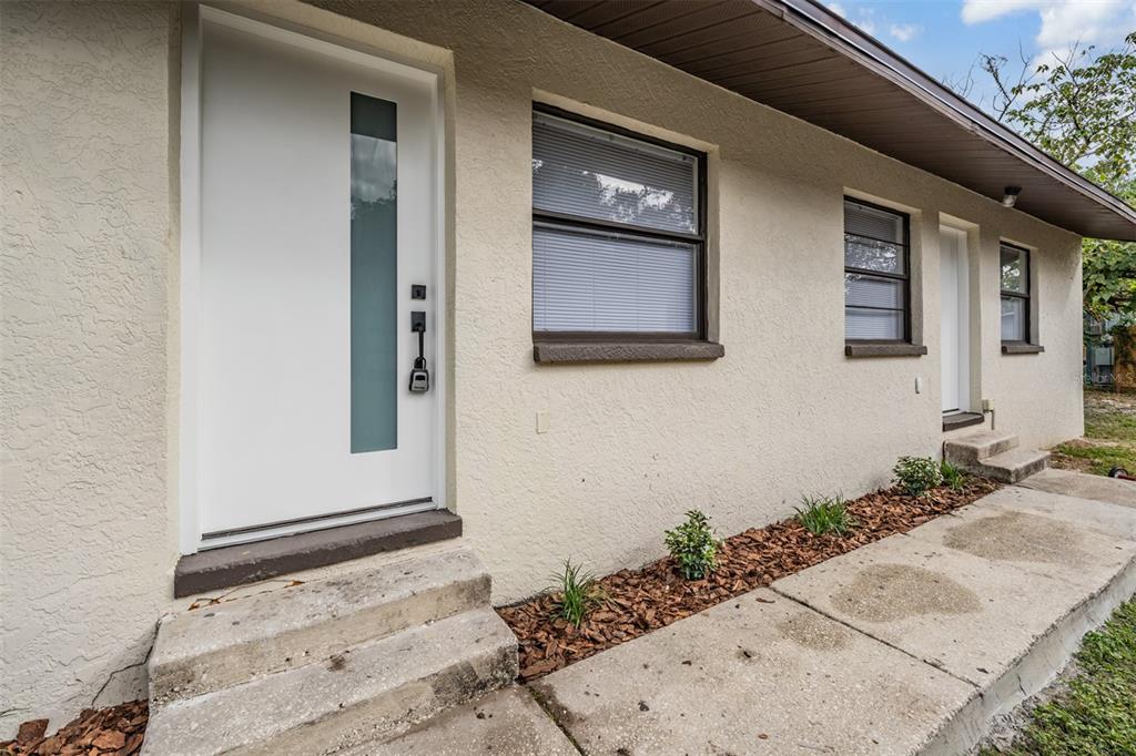 A white front door with a vertical glass panel sits beside a window on a stucco house — 8317 N MARKS STREET, TAMPA, FL