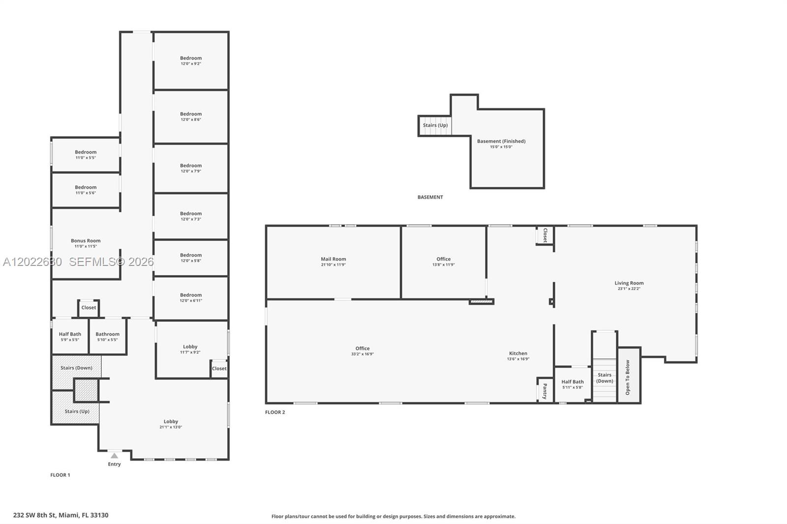 This is a floor plan showing the layout of a two-story building with a basement — 232 SW 8th St, Miami FL 33130, MIAMI, FL
