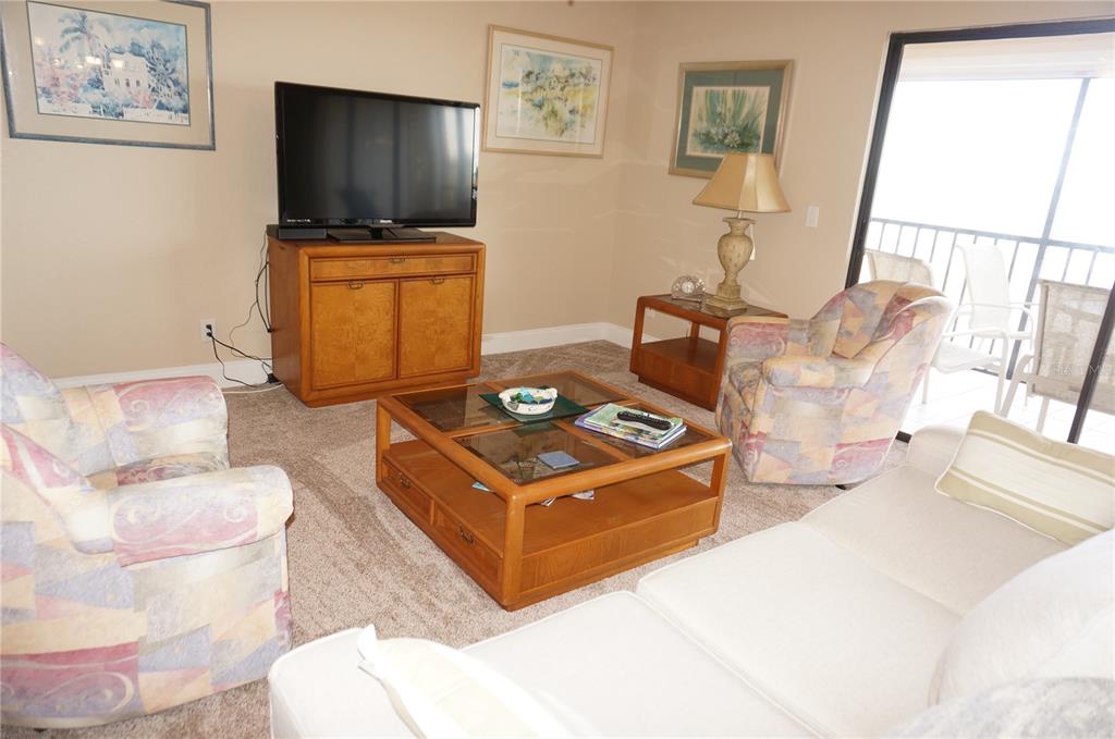 A living room features a television on a wooden cabinet, patterned armchairs, and a sofa — 1601 PARK BEACH CIRCLE UNIT 125/11, PUNTA GORDA, FL