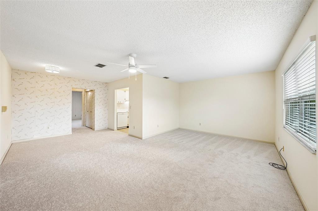 A spacious living room features beige carpeting, a ceiling fan, and a patterned accent wall — 1902 DANDRIDGE STREET UNIT 29, SUN CITY CENTER, FL