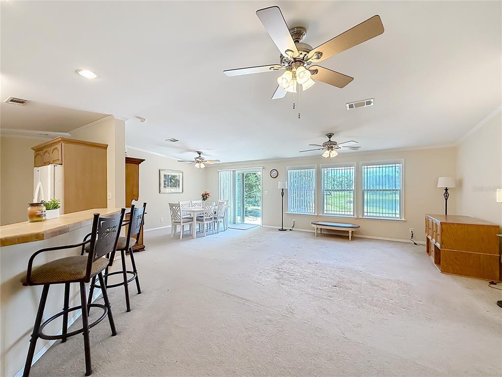 A spacious living and dining area features carpeted floors, ceiling fans, and a breakfast bar — 29714 SE HIGHWAY 42, UMATILLA, FL
