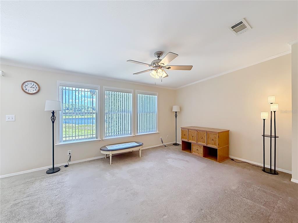 A carpeted living room features a ceiling fan, three windows with vertical blinds, and lamps — 29714 SE HIGHWAY 42, UMATILLA, FL