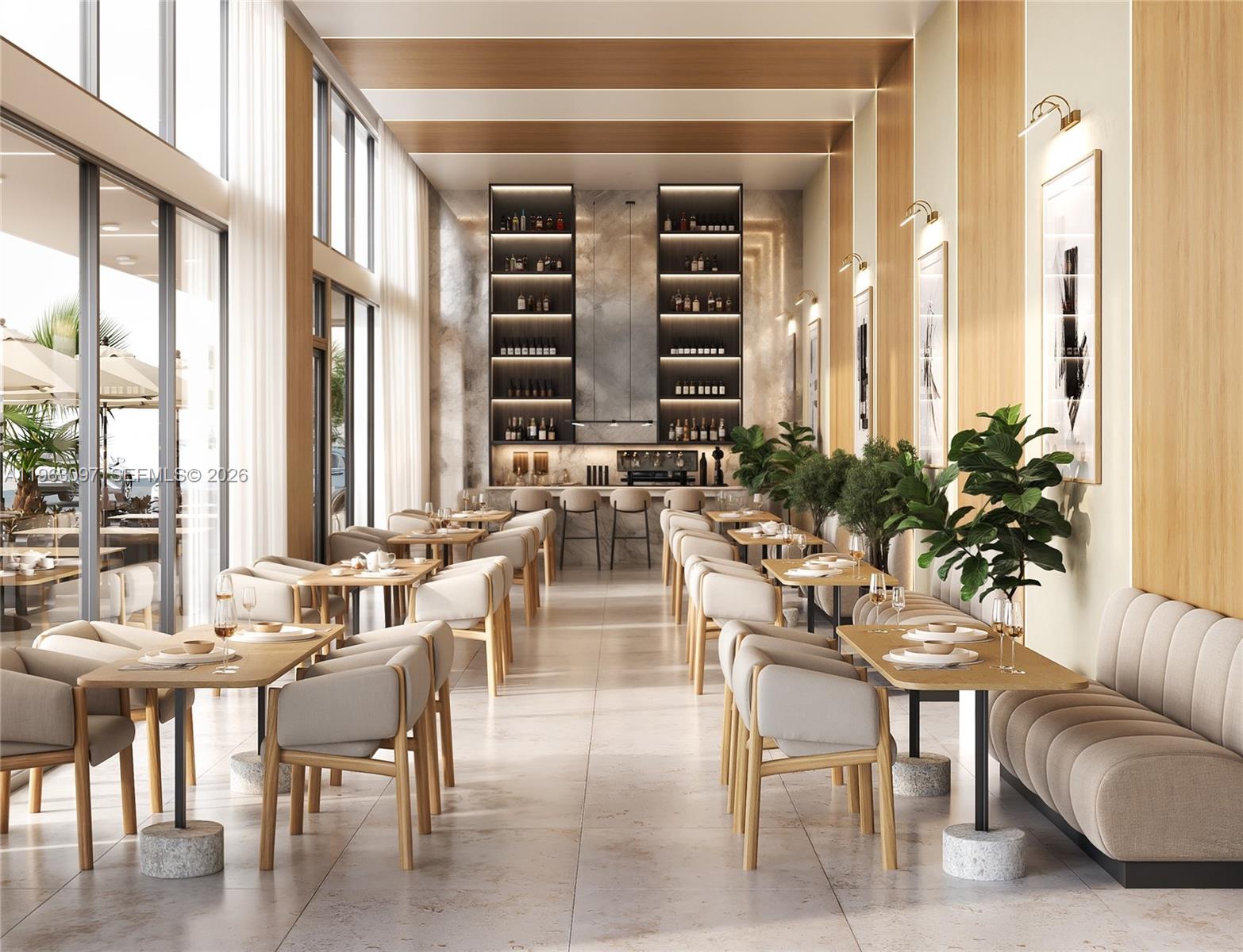This rendering shows a modern restaurant interior with dining tables, chairs, and a bar area — 1136 SW 3 Ave # 405, Miami FL 33130, MIAMI, FL