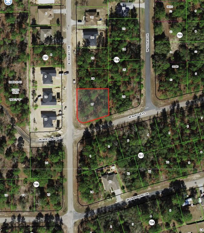 This is an aerial map showing a vacant, red-outlined residential lot at a street intersection — 1951 W ADELIA PLACE, CITRUS SPRINGS, FL
