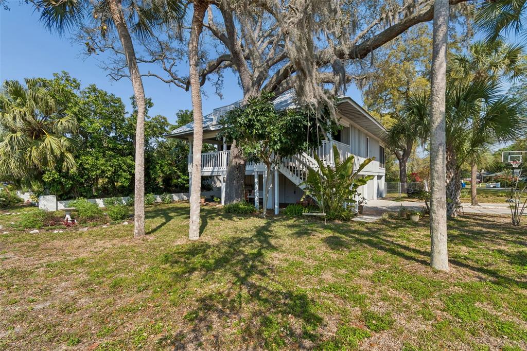 A two-story house with a wrap-around porch stands among large trees in a grassy yard — 600 N MAYO STREET, CRYSTAL BEACH, FL