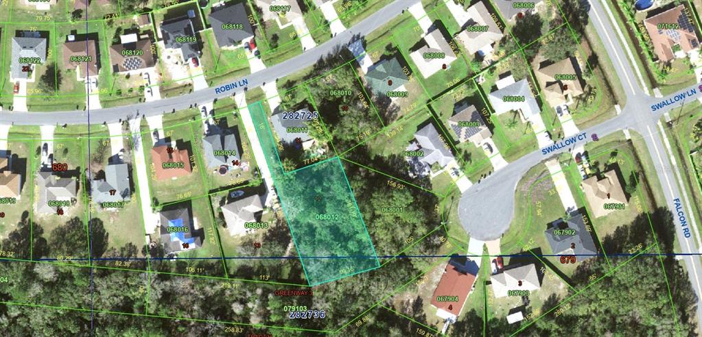 This is an aerial map showing residential property lots and street layouts — 0 ROBIN LANE, POINCIANA, FL
