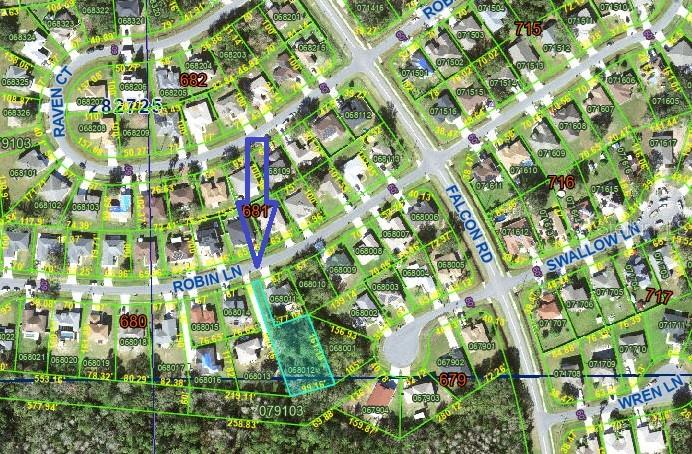 This is an aerial map showing residential property lines and street layouts — 0 ROBIN LANE, POINCIANA, FL