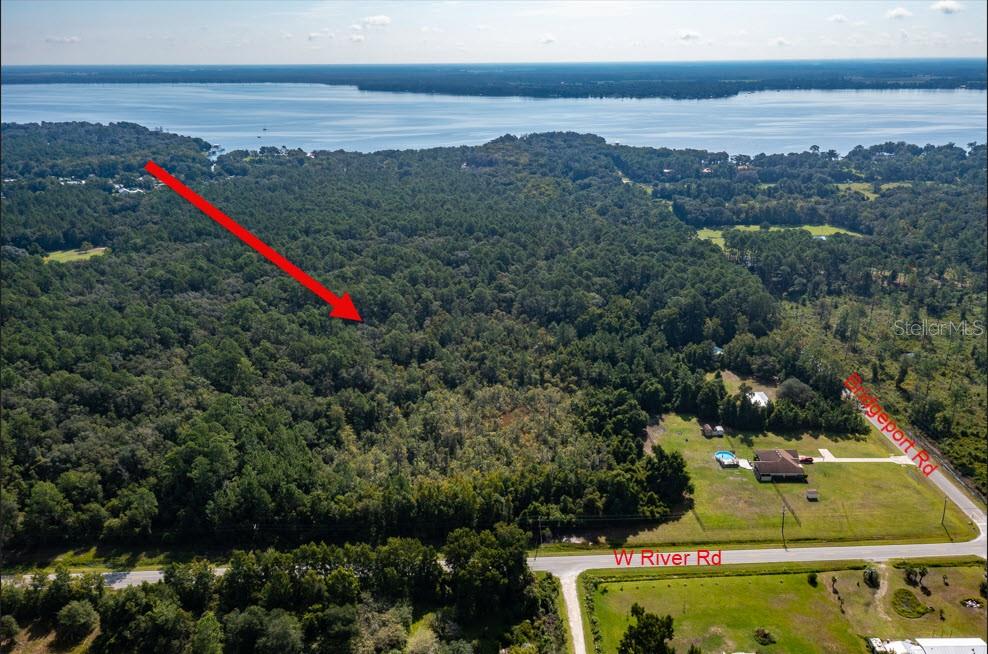 An aerial view shows a large, wooded lot near a body of water and roads — 130 BRIDGEPORT ROAD, PALATKA, FL