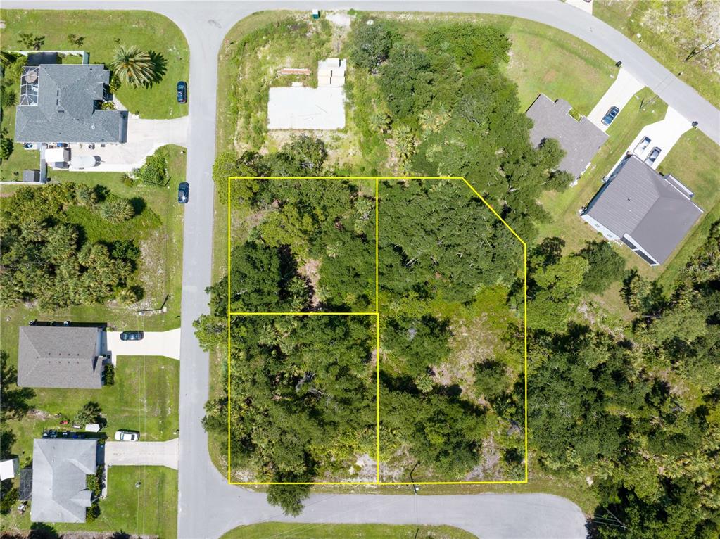 An aerial view shows three adjacent vacant residential lots outlined in yellow on a street — POMONA AVENUE, NORTH PORT, FL