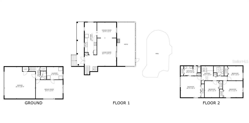 This floor plan shows the layout of a house with a ground floor, two levels, and a pool — 626 ORCHID LANE, ALTAMONTE SPRINGS, FL