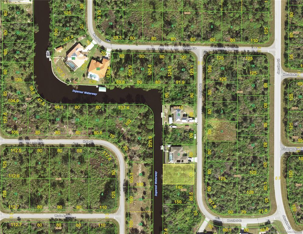 This is an aerial map showing residential lots and a waterway in a neighborhood — 2235 BEURKET STREET, PORT CHARLOTTE, FL