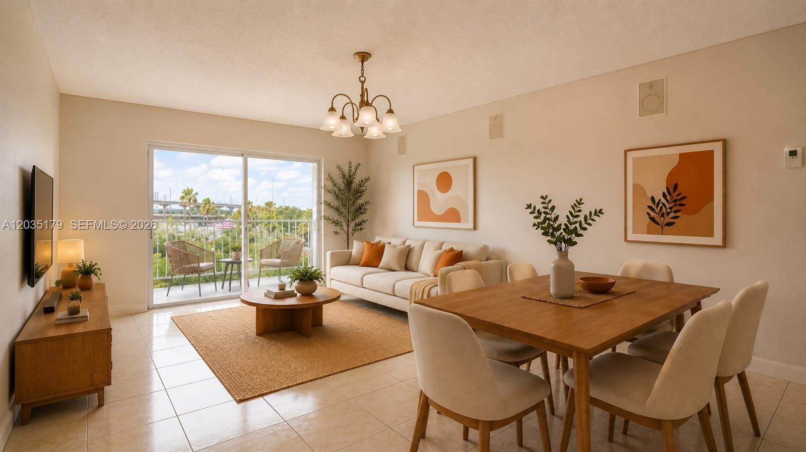 A living and dining area features tile floors, a neutral sofa, and a balcony view — MIAMI, FL