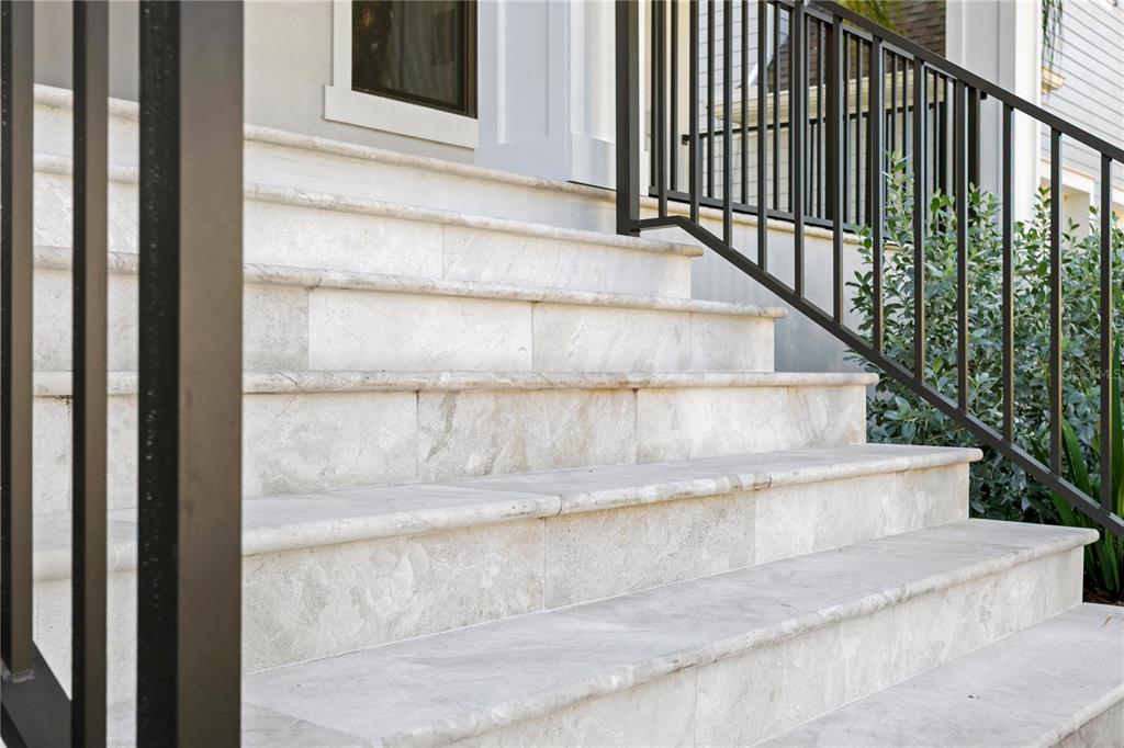 A set of light-colored stone steps leads up to a house entrance with black railings — 4208 W VASCONIA STREET, TAMPA, FL