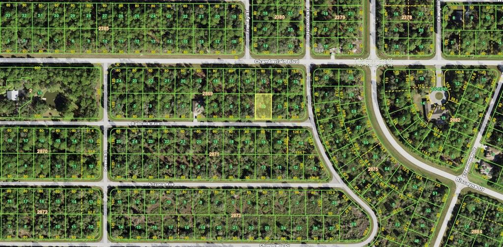 This is an aerial map showing a grid of residential land parcels and streets — 13212 BABCOCK AVENUE, PORT CHARLOTTE, FL