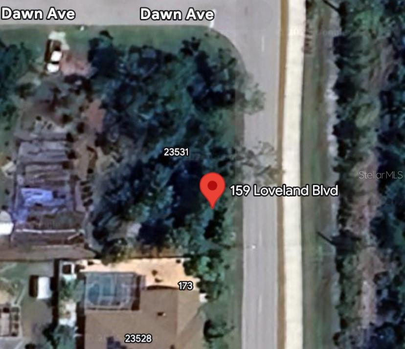 This is an aerial map view showing a residential lot near a street intersection — 159 LOVELAND BOULEVARD, PORT CHARLOTTE, FL