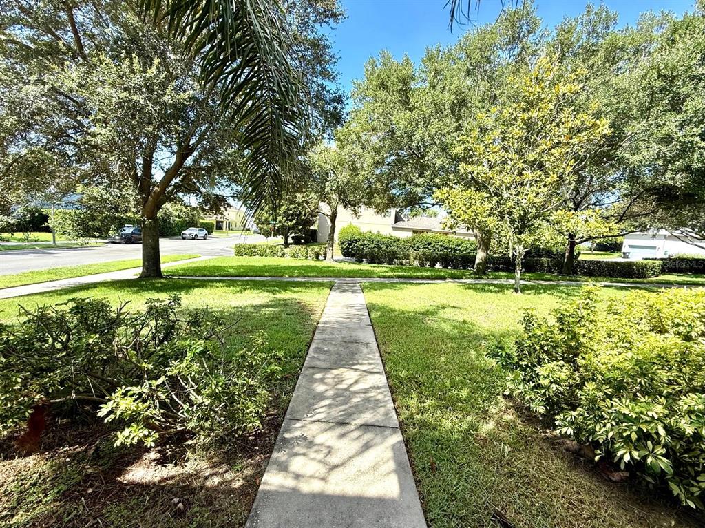 A concrete walkway leads through a grassy front yard toward a street with trees — 2054 BLAIRMOOR PLACE, APOPKA, FL