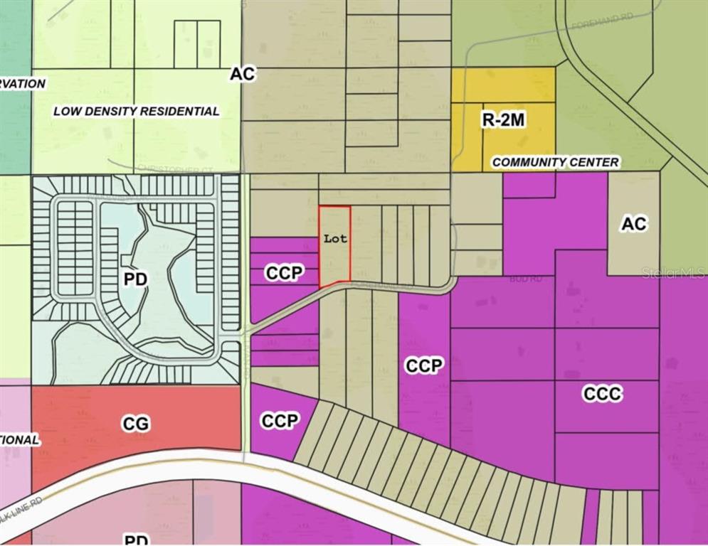This image is a land use zoning map showing various property designations and a highlighted lot — FOREHAND ROAD, DAVENPORT, FL