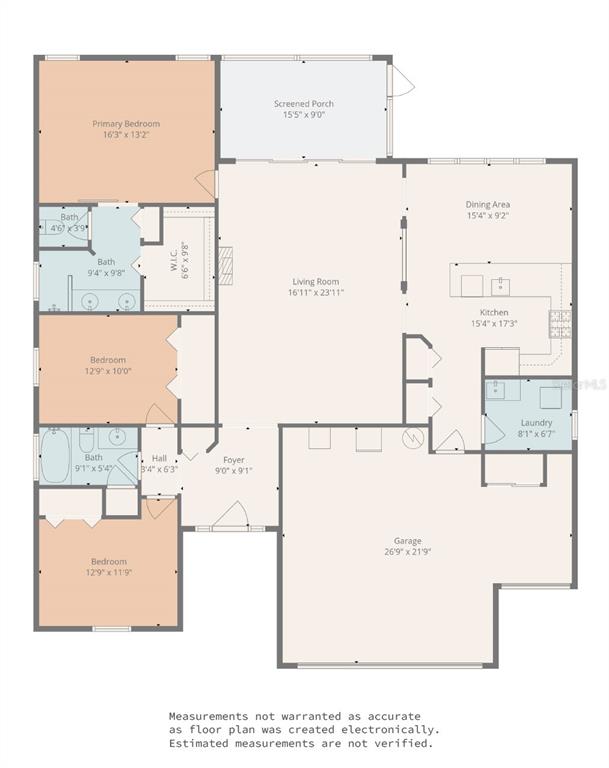 This is a floor plan of a single-story house with three bedrooms and a garage — 16023 SW 14TH AVENUE ROAD, OCALA, FL