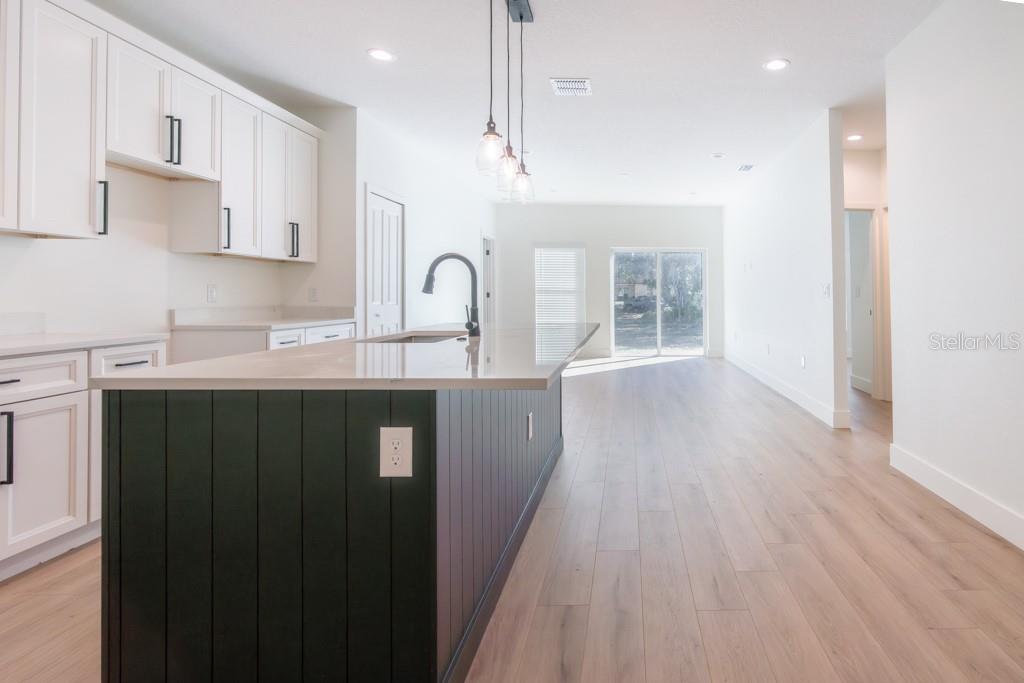 A kitchen with white cabinets, a dark green island, and light wood flooring — 50 W 12TH STREET, APOPKA, FL
